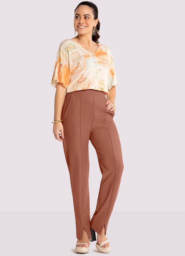 Lunender - Camisa Manga Curta em Viscose Estampada Laranja 3