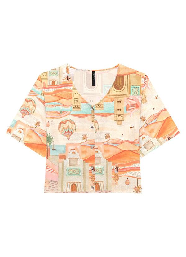 Lunender - Camisa Manga Curta em Viscose Estampada Laranja 5