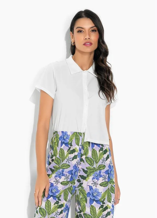 Moda Pop - Camisa Off White com Ombro Deslocado