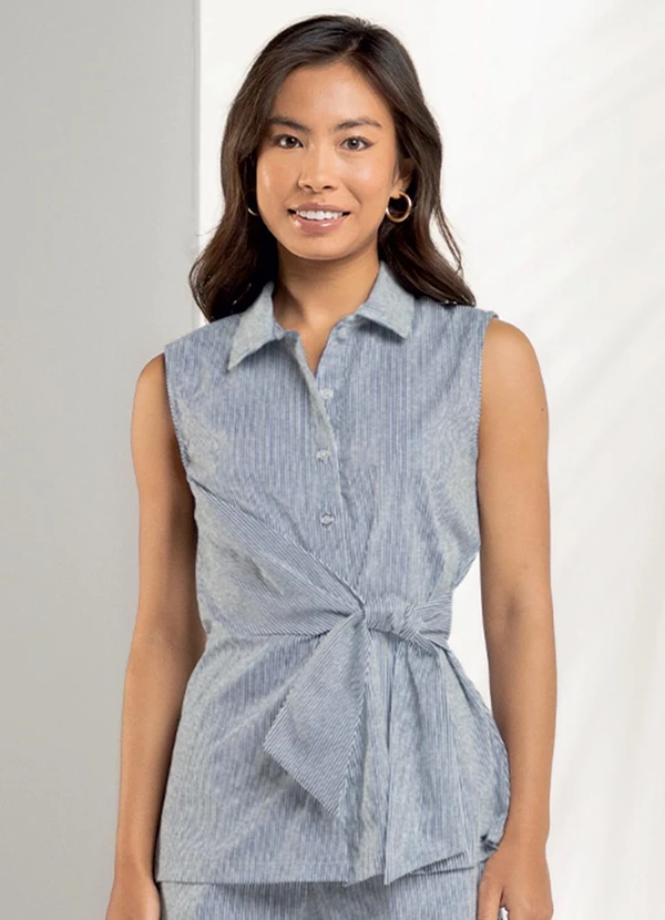 Marialícia - Camisa Regata Feminina Listrada Azul