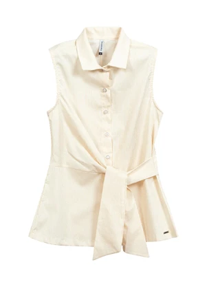 Marialícia - Camisa Regata Feminina Listrada Bege - MARIALÍCIA