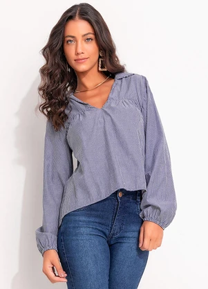 Quintess - Bata Listrado Azul Médio em Tricoline - QUINTESS