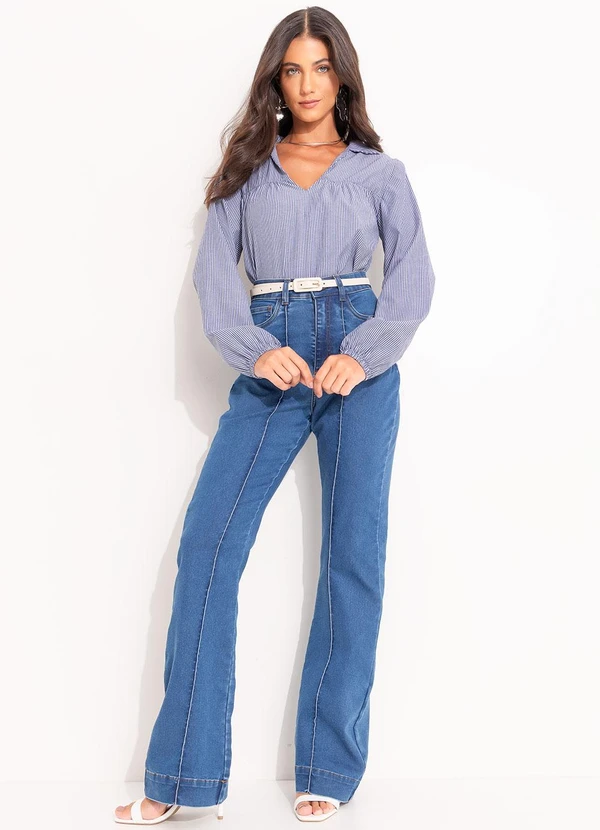 Quintess - Bata Listrado Azul Médio em Tricoline 6