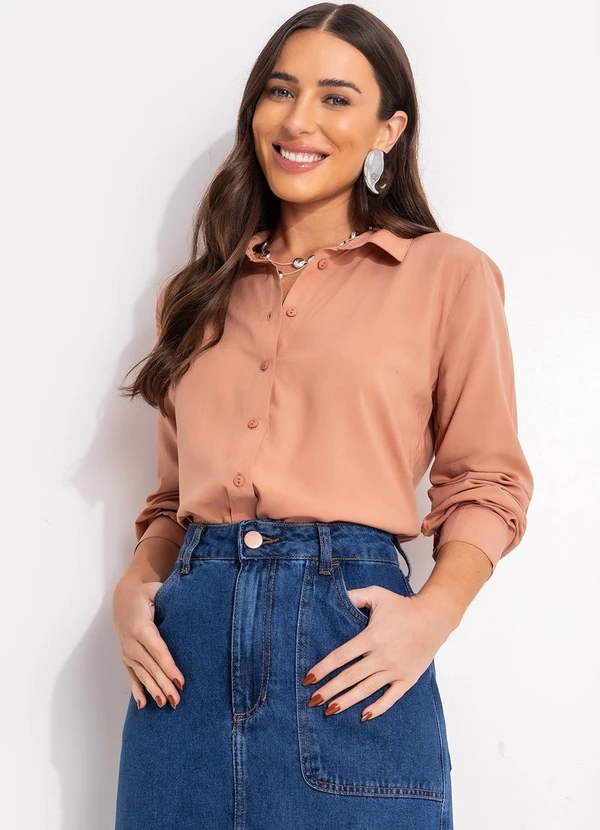 bonprix - Camisa Marrom Amendoado em Viscose Plana 1