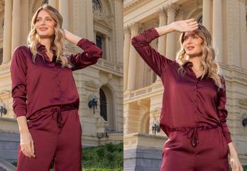 Camisa Acetinada Bord� com Bot�es Forrados e Punho Estruturado