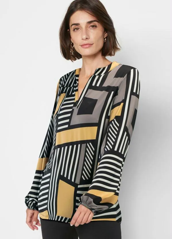 bonprix - Camisa Alongada Abstrato Preto