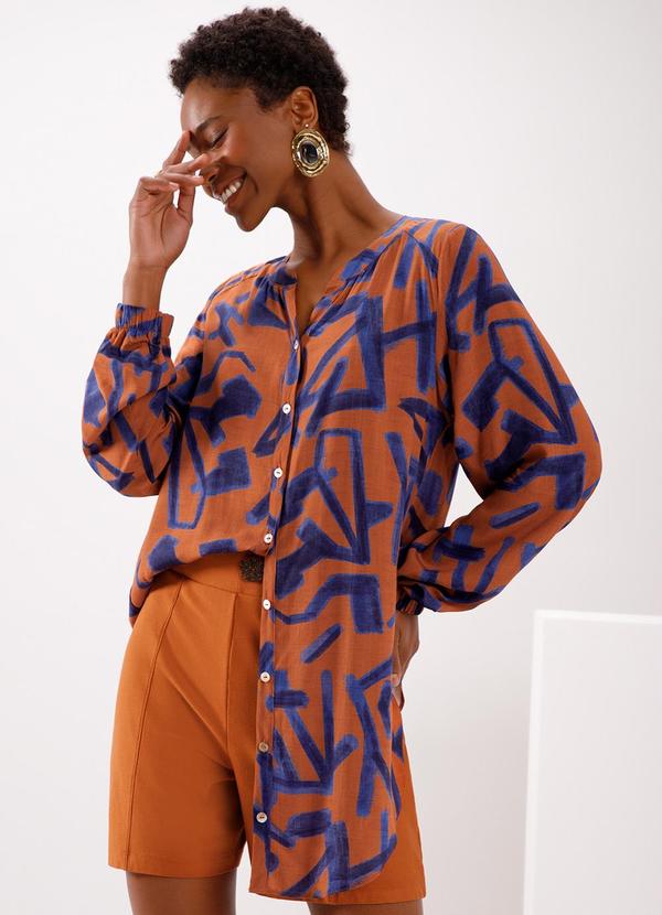 Lunender - Camisa Alongada com Gola Padre Laranja