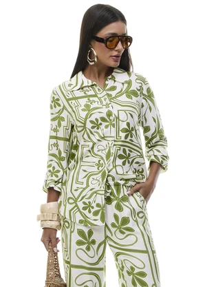 Gris - Camisa Alongada Estampada em Viscose Verde - GRIS