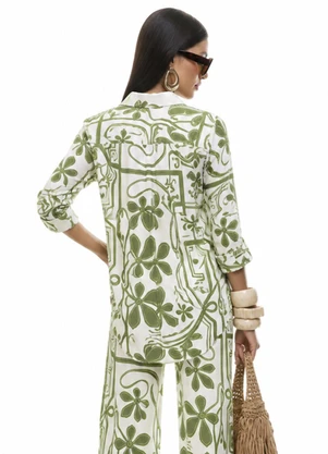 Gris - Camisa Alongada Estampada em Viscose Verde - GRIS