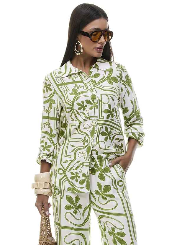 Gris - Camisa Alongada Estampada em Viscose Verde