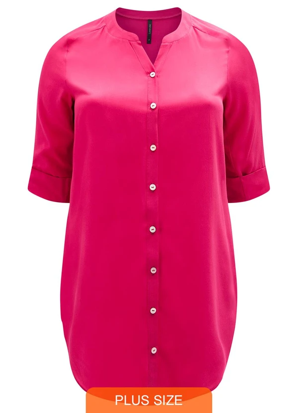 Lunender - Camisa Alongada Manga 3/4 Botões Tecido Rosa