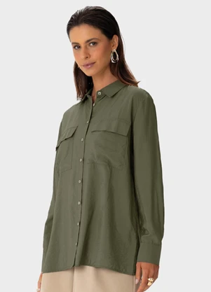 Enfim - Camisa Ampla Acetinada Verde Militar - ENFIM