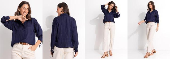 Camisa Azul Marinho em Chiffon