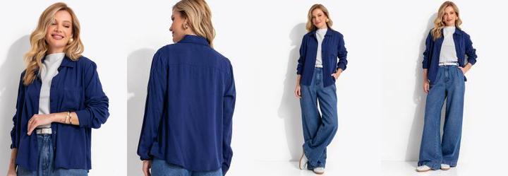 Camisa Azul Marinho em Viscose Plana Sarjada