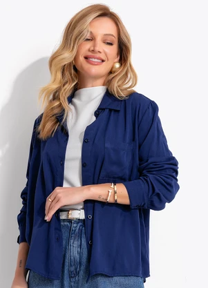 Quintess - Camisa Azul Marinho em Viscose Plana Sarjada - QUINTESS