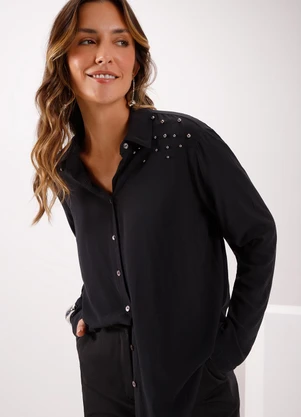 Lunender - Camisa com Botões e Aplicações nos Ombros Preto - LUNENDER