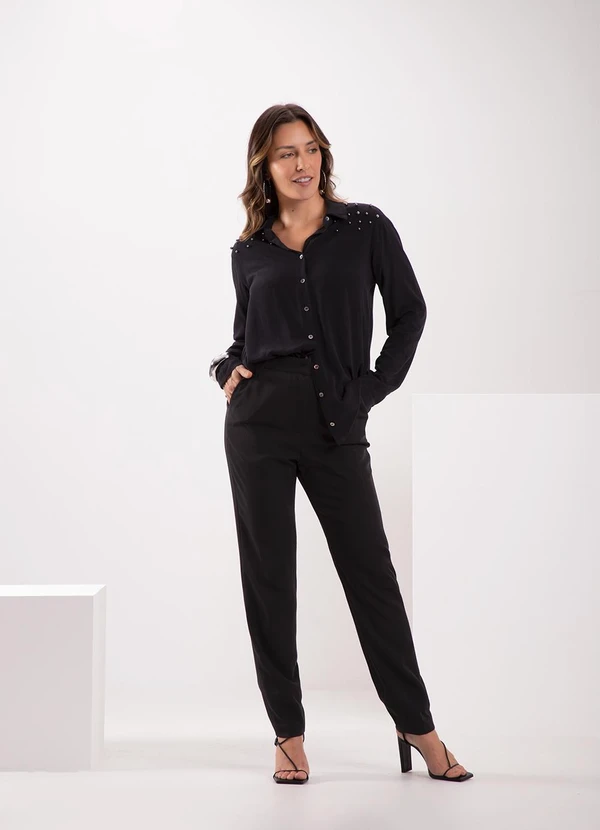 Lunender - Camisa com Botões e Aplicações nos Ombros Preto 3