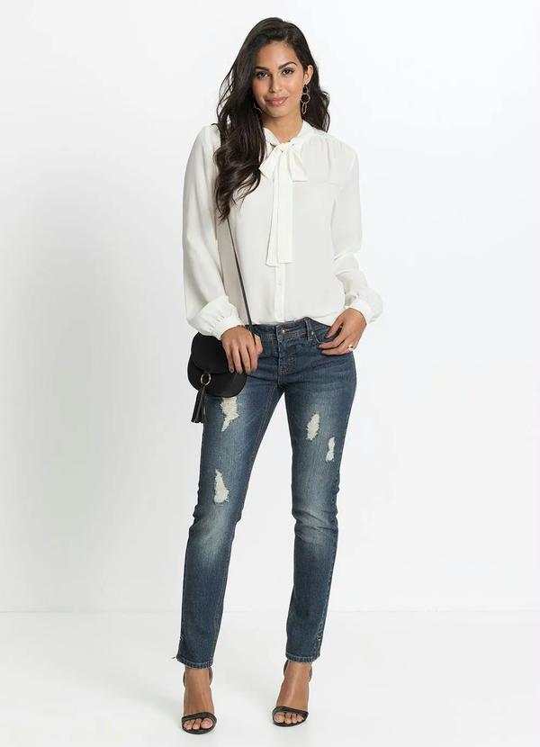 bonprix - Camisa com Gola Laço Off White 3