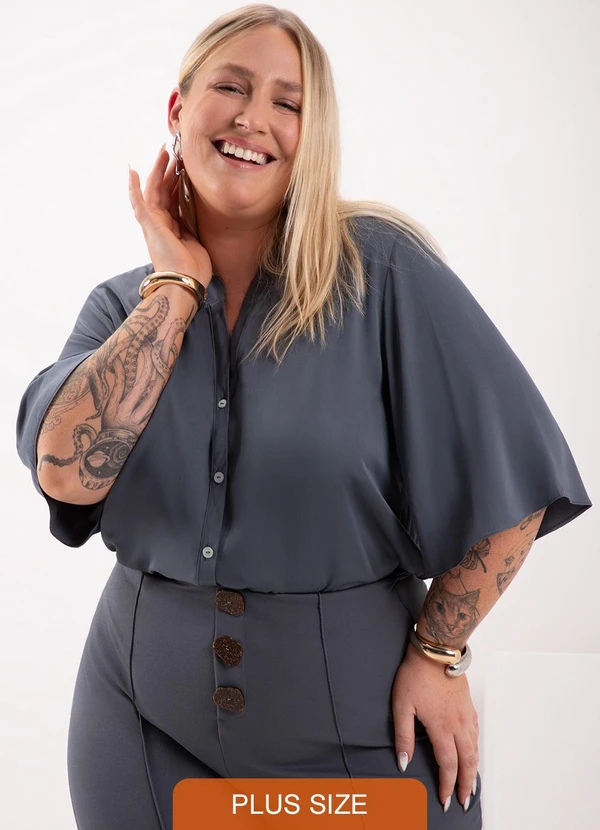 Lunender Mais Mulher - Camisa com Gola Padre e Botões Azul