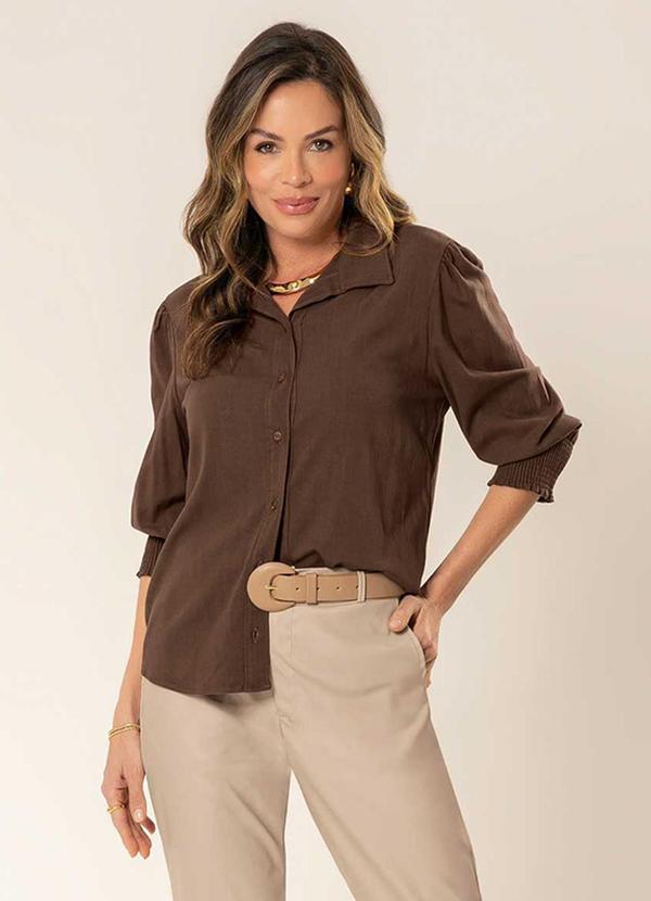 Cativa - Camisa com Mangas Franzidas nos Ombros Marrom