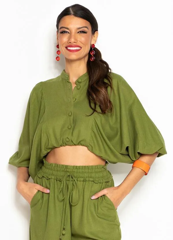 Farm - Camisa Cropped de Linho com Amarração Verde