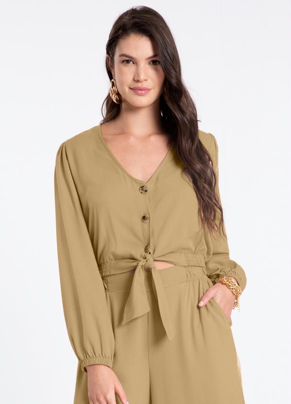 Lunender - Camisa Cropped em Viscose com Laço Bege