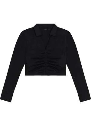 Enfim - Camisa Cropped Pregas Texturizada Preto - ENFIM