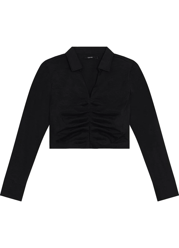 Enfim - Camisa Cropped Pregas Texturizada Preto