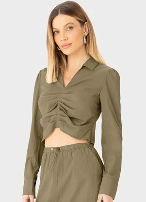 Enfim - Camisa Cropped Pregas Texturizada Verde - ENFIM