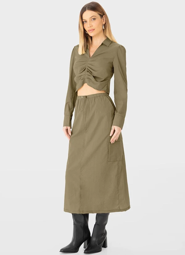 Enfim - Camisa Cropped Pregas Texturizada Verde 2