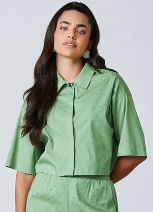 Authoria - Camisa Cropped Verde com Strass Verde - AUTHORIA