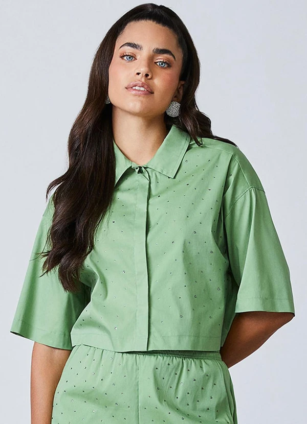 Authoria - Camisa Cropped Verde com Strass Verde
