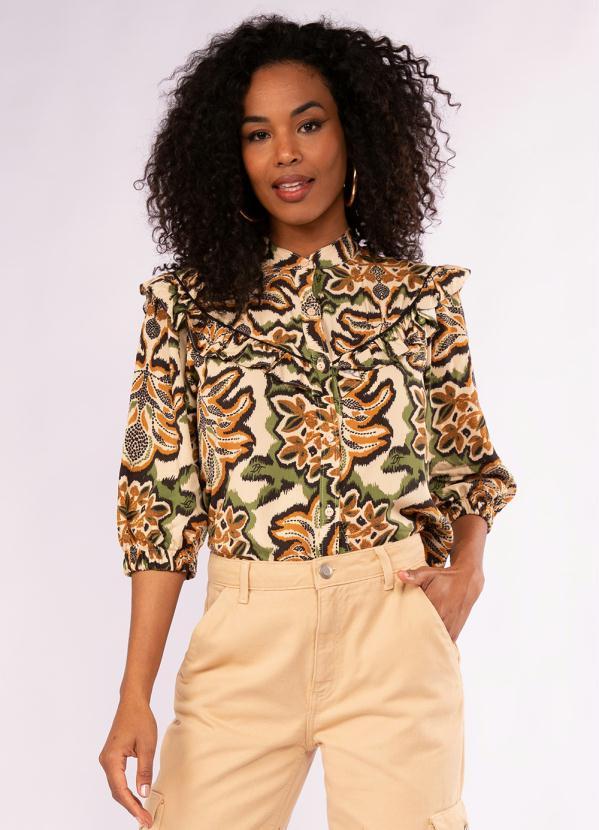 Doce Trama - Camisa de Manga 3/4 Estampada Bege