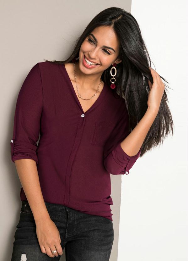 bonprix - Camisa Decote V Manga Longa Bordô 3