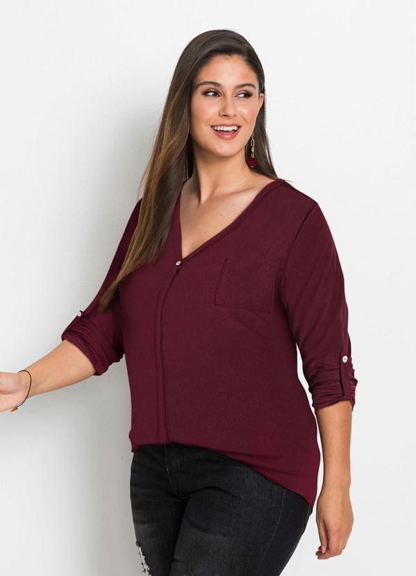 bonprix - Camisa Decote V Manga Longa Bordô 4