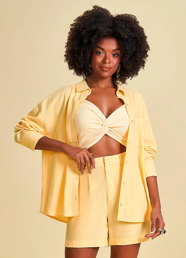 Doce Trama - Camisa em Plano Linen com Botões Amarelo