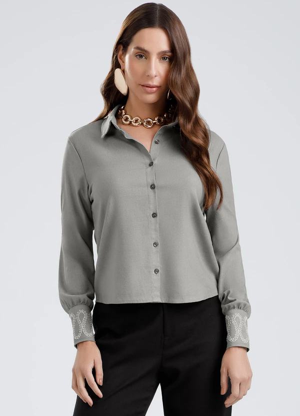 Gris - Camisa em Tecido com Linho Cinza