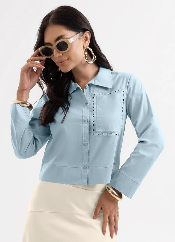 Cativa - Camisa em Tricoline com Bordado a Laser Azul