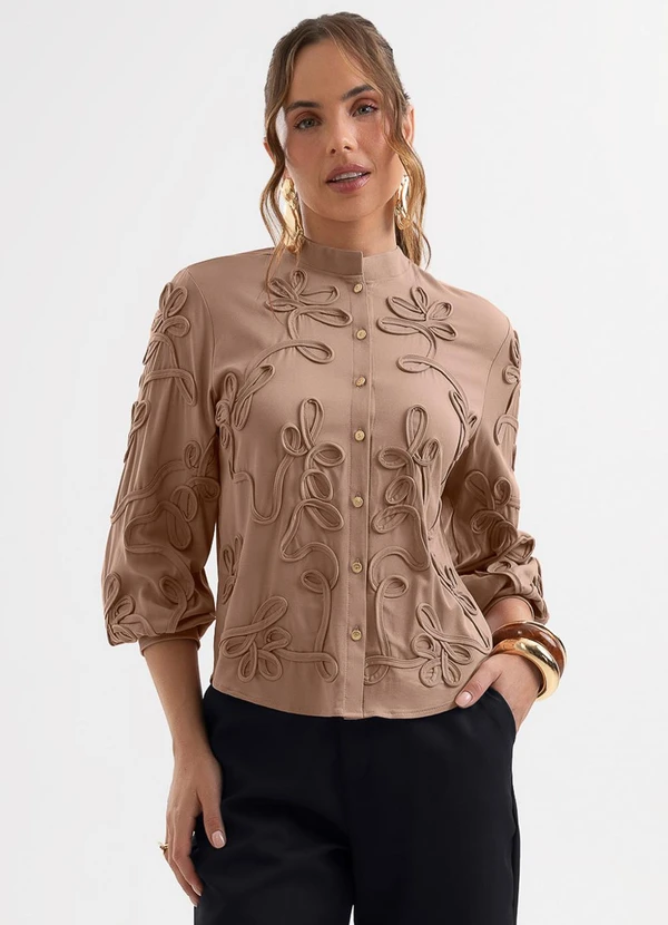 Cativa - Camisa em Viscose com Bordado em Cordel Marrom