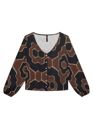 Camisa Estampada em Viscose com Manga Longa Bufante Marrom