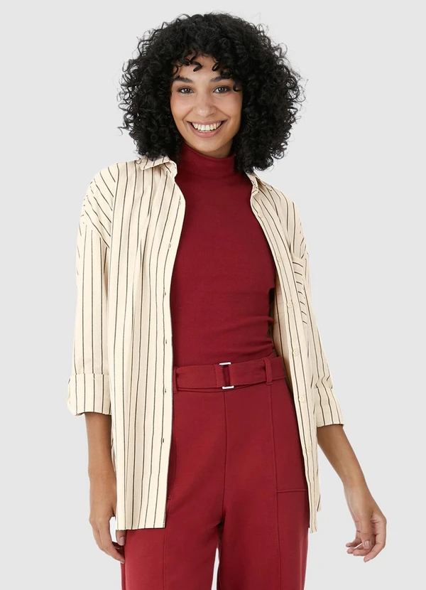 Malwee - Camisa Feminina Ampla Listrada Marrom
