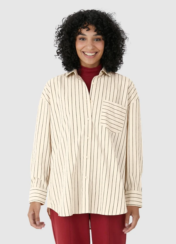 Malwee - Camisa Feminina Ampla Listrada Marrom 2