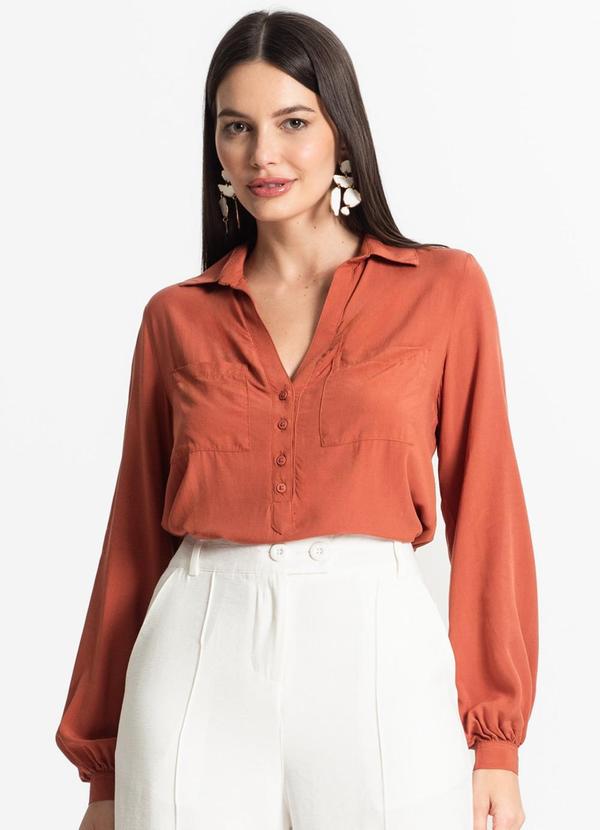 Select - Camisa Feminina com Bolsos Manga Longa Marrom 4
