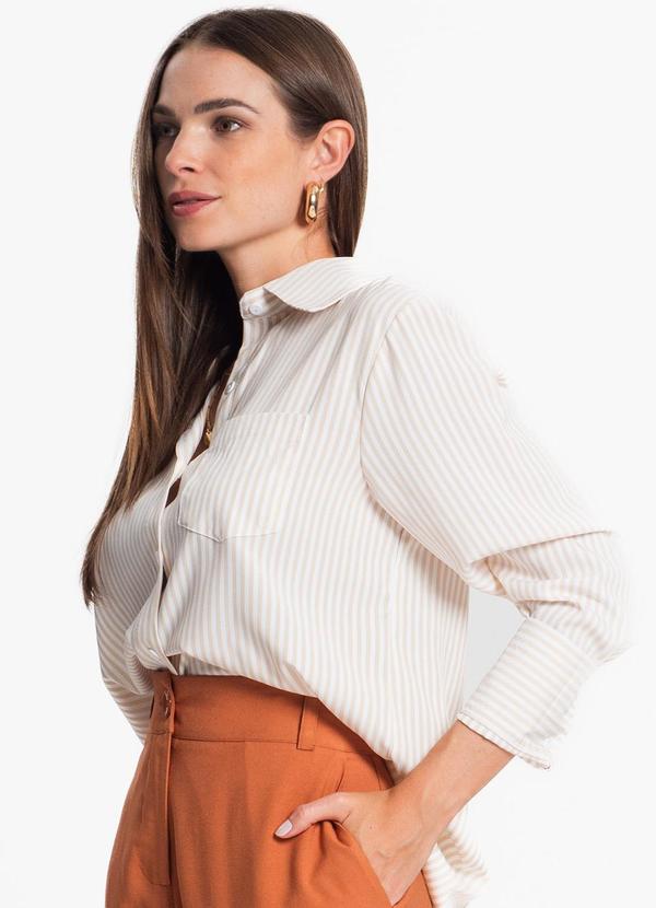 Rovitex - Camisa Feminina com Listras e Bolso Bege 4