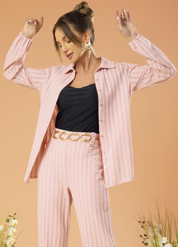 Gris - Camisa Feminina com Listras em Tricô Rosa