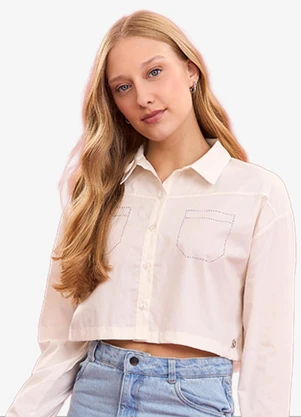 Minty - Camisa Feminina Cropped com Strass Bege - MINTY