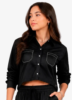 Minty - Camisa Feminina Cropped com Strass Preto - MINTY