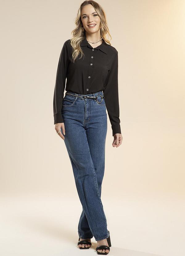 Habana - Camisa Feminina de Botão com Manga Longa Preto 2