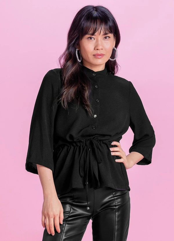 Marialícia - Camisa Feminina em Tecido com Botões Preto