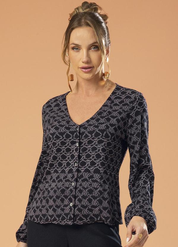 Gris - Camisa Feminina Estampada com Decote em V Preto